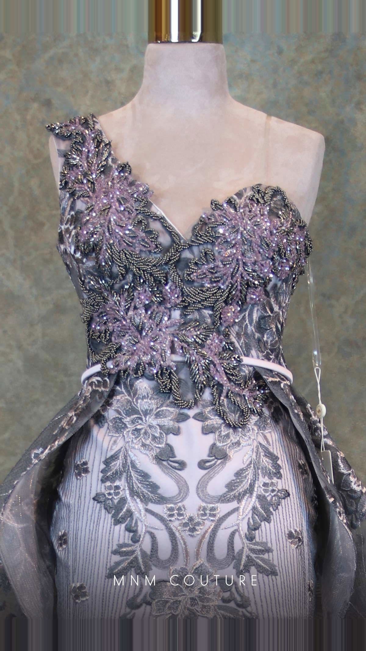 MNM Couture Embroidered One-Shoulder Column Gown with Overskirt V6418