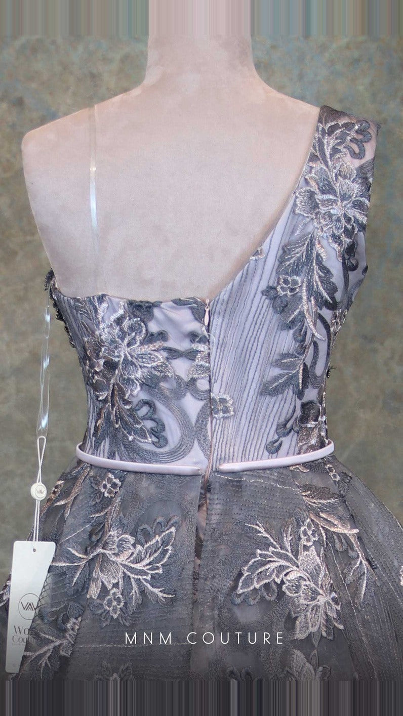MNM Couture Embroidered One-Shoulder Column Gown with Overskirt V6418