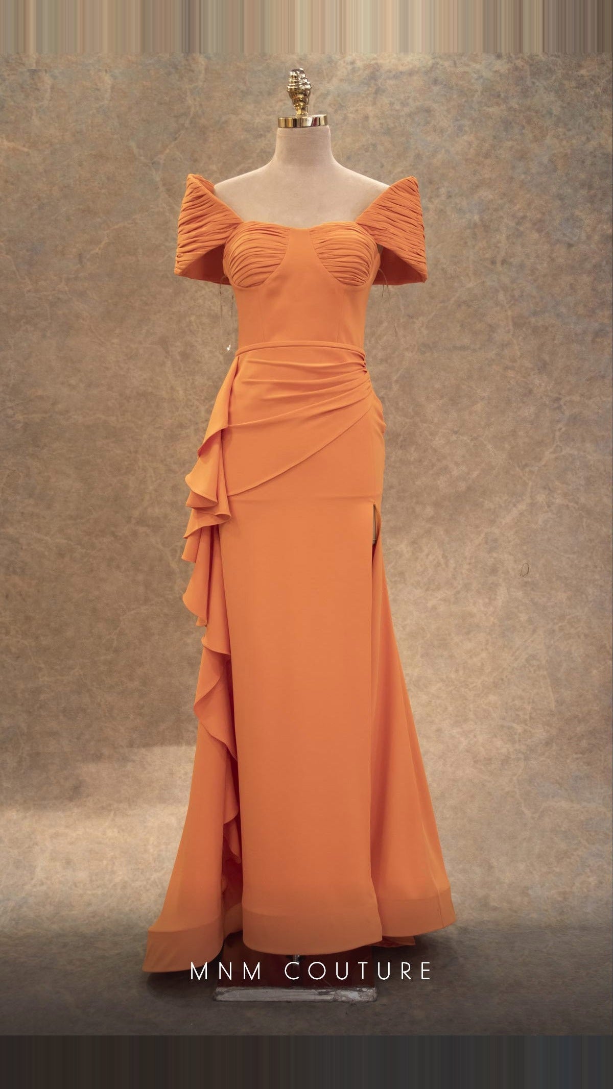 MNM Couture Off-Shoulder Pleated-Sleeve Crepe Column Gown V6549