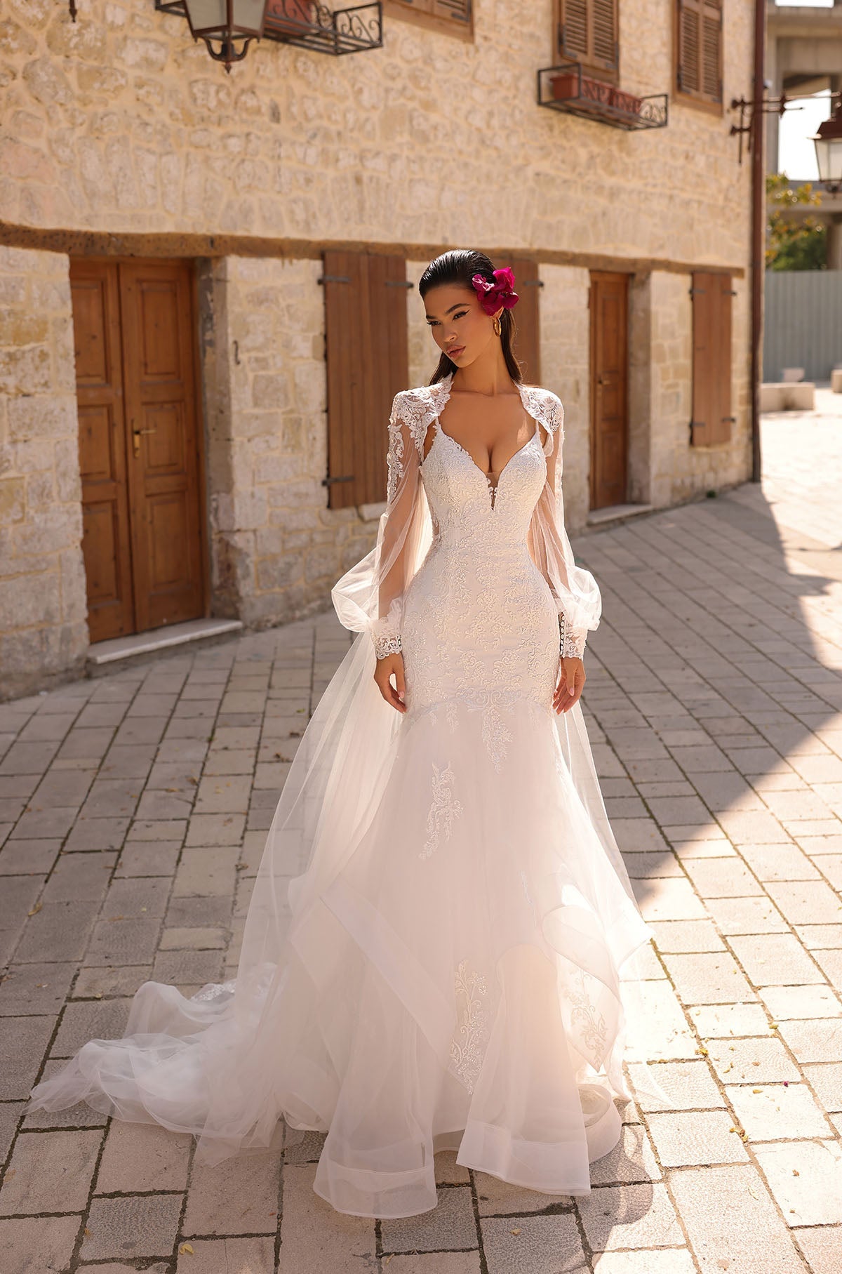 Wedding Dresses Long Sleeve Cape Fitted Wedding Dress Amarra 84216 Ivory/Ivory