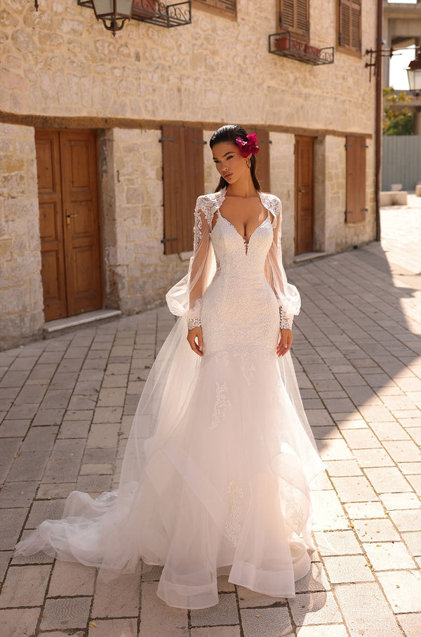 Long Sleeve Cape Fitted Wedding Dress Amarra 84216