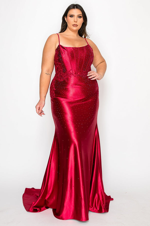 Scoop Neck Floor Length Satin Prom Dress with Rhinestone Embellishments Poly USA W1164