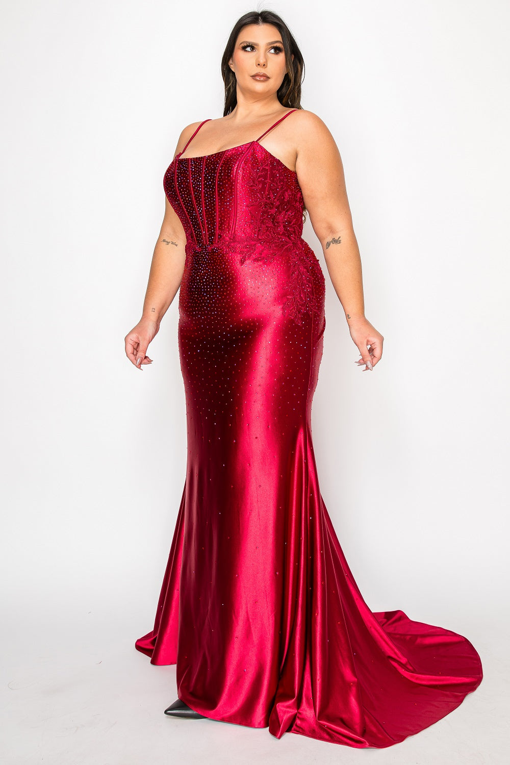 Red Wine Scoop Neck Floor Length Satin Prom Dress with Rhinestone Embellishments Poly USA W1164