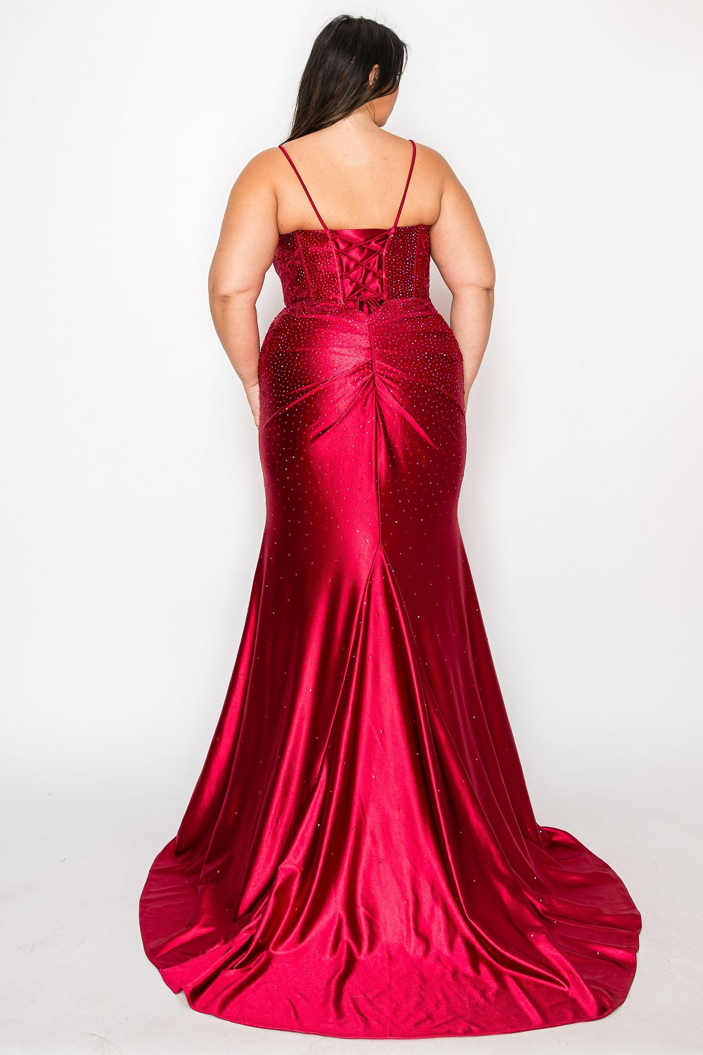 Red Wine Scoop Neck Floor Length Satin Prom Dress with Rhinestone Embellishments Poly USA W1164