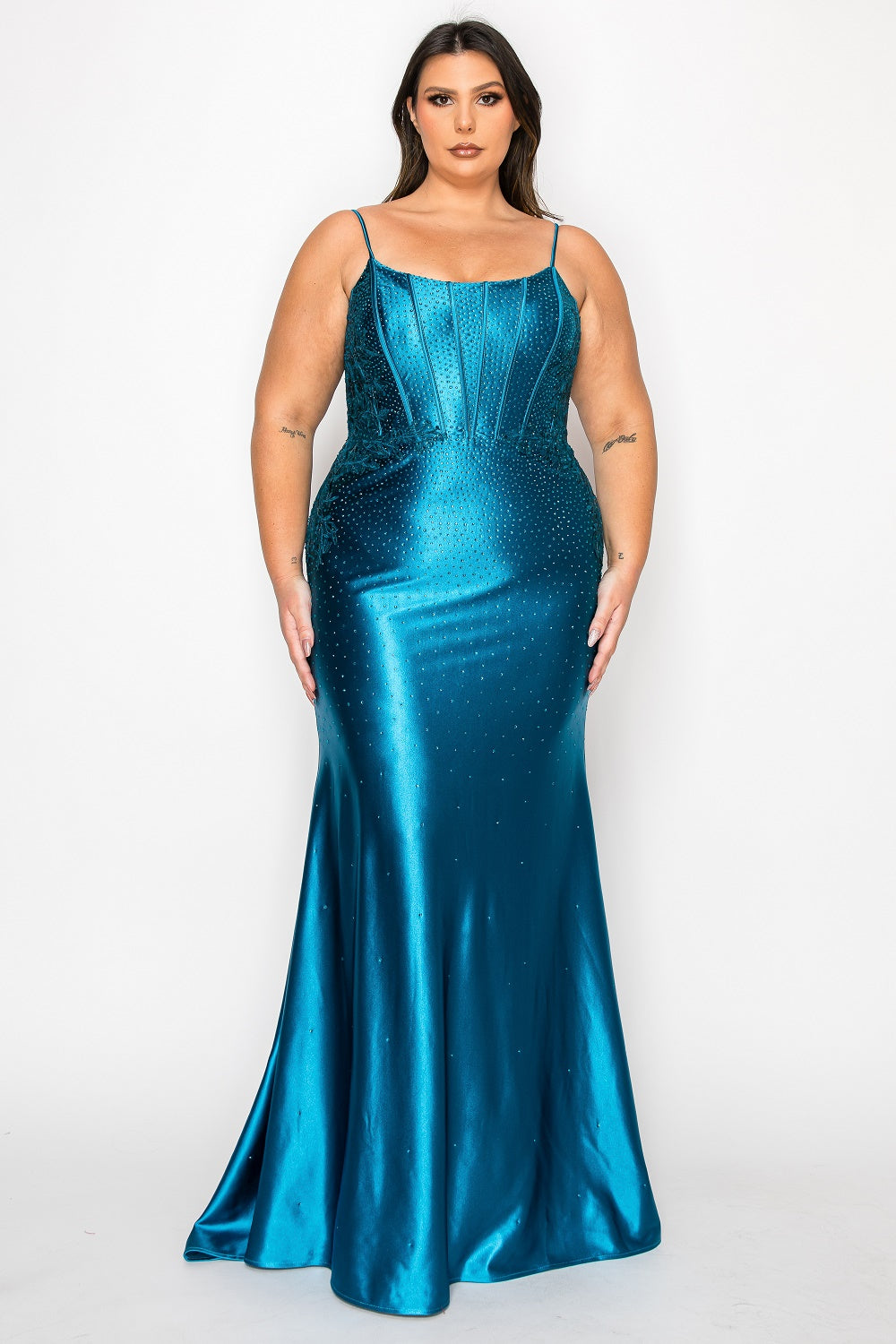 Teal Scoop Neck Floor Length Satin Prom Dress with Rhinestone Embellishments Poly USA W1164