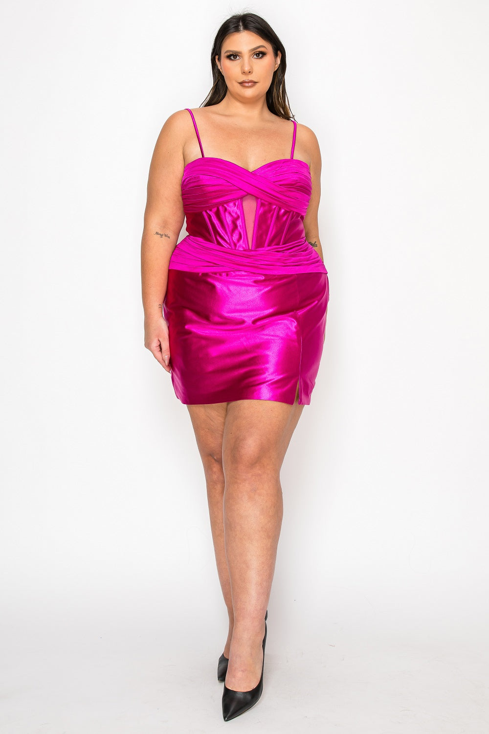 Magenta Sweetheart Mini Satin Homecoming Dress with Corset Bodice and Keyhole Detail Poly USA W1174