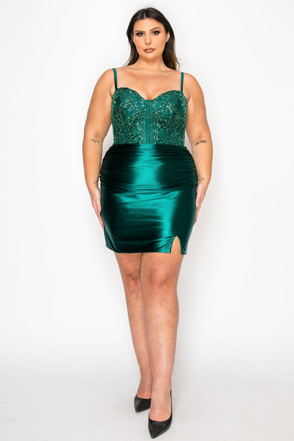 Sweetheart Mini Satin Homecoming Dress with Beaded Bodice and Side Slit Poly USA W1178