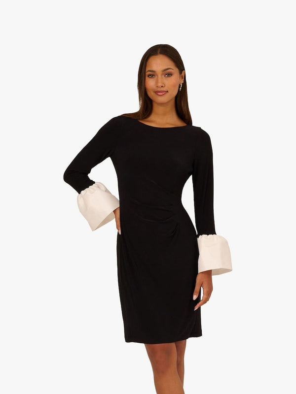 Bateau Knee-Length Crepe Cocktail Sheath Dress Contrast Cuff Sleeves Adrianna Papell AP1D106098