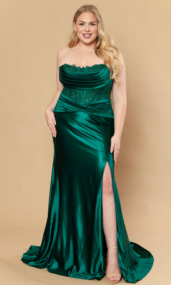 Strapless Floor-Length Satin Plus Size Gown with Lace Corset Poly USA W1228