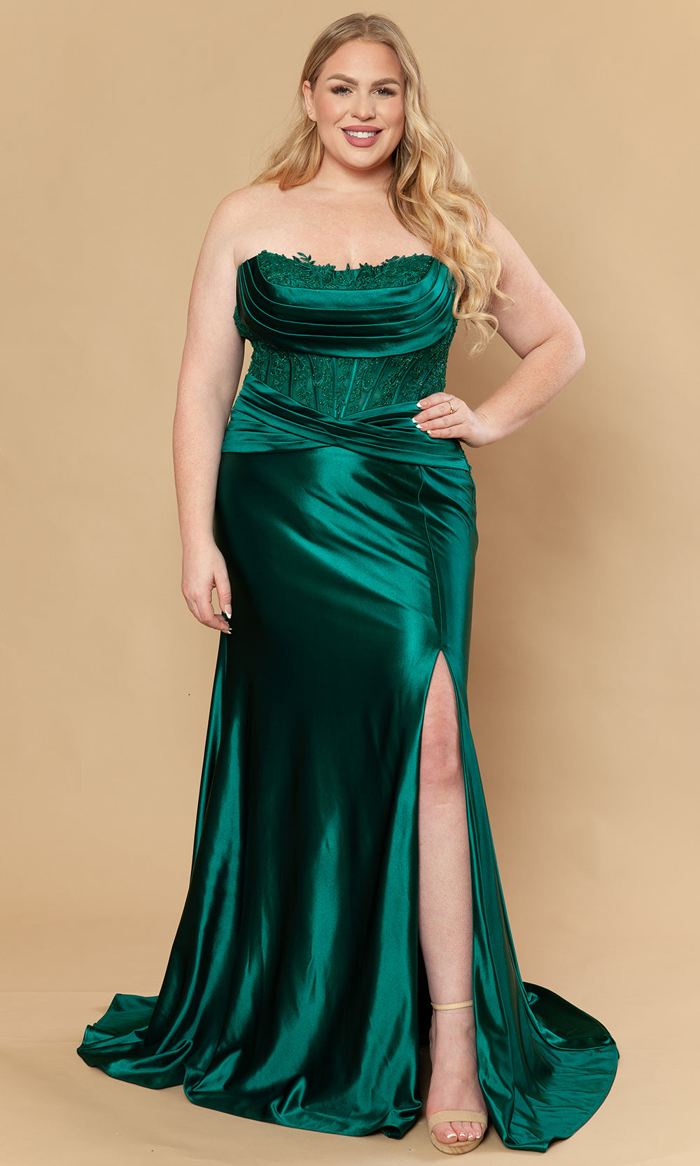 Emerald Strapless Floor-Length Satin Prom Gown with Lace Corset Poly USA W1228