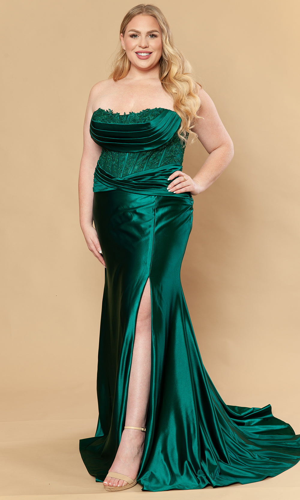 Emerald Strapless Floor-Length Satin Prom Gown with Lace Corset Poly USA W1228