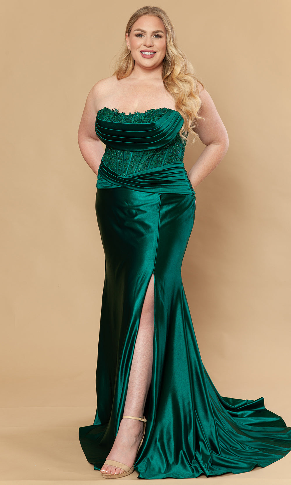 Emerald Strapless Floor-Length Satin Prom Gown with Lace Corset Poly USA W1228