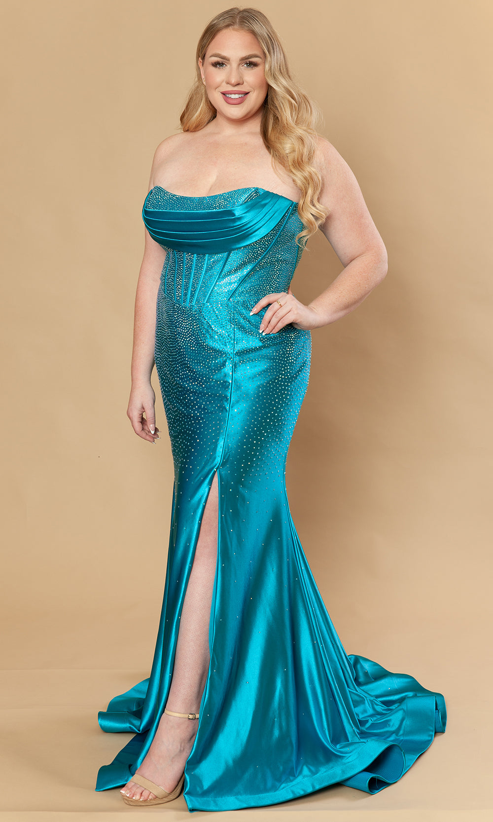 Turquoise Straight-Across Floor-Length Poly Span Satin Prom Gown with Scattered Rhinestones Poly USA W1232