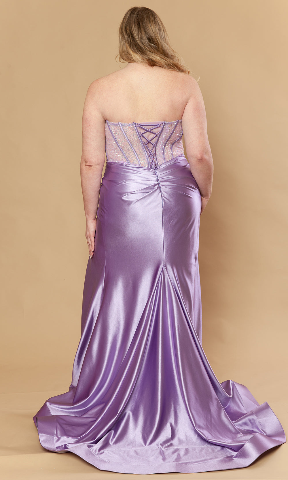 Lavender Straight-Across Floor-Length Poly Span Satin Formal Gown with Illusion Corset Poly USA W1234