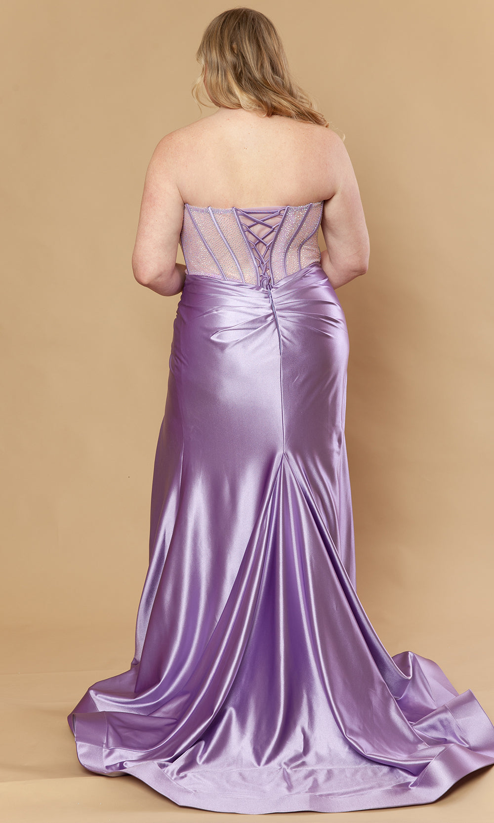 Lavender Straight-Across Floor-Length Poly Span Satin Formal Gown with Illusion Corset Poly USA W1234