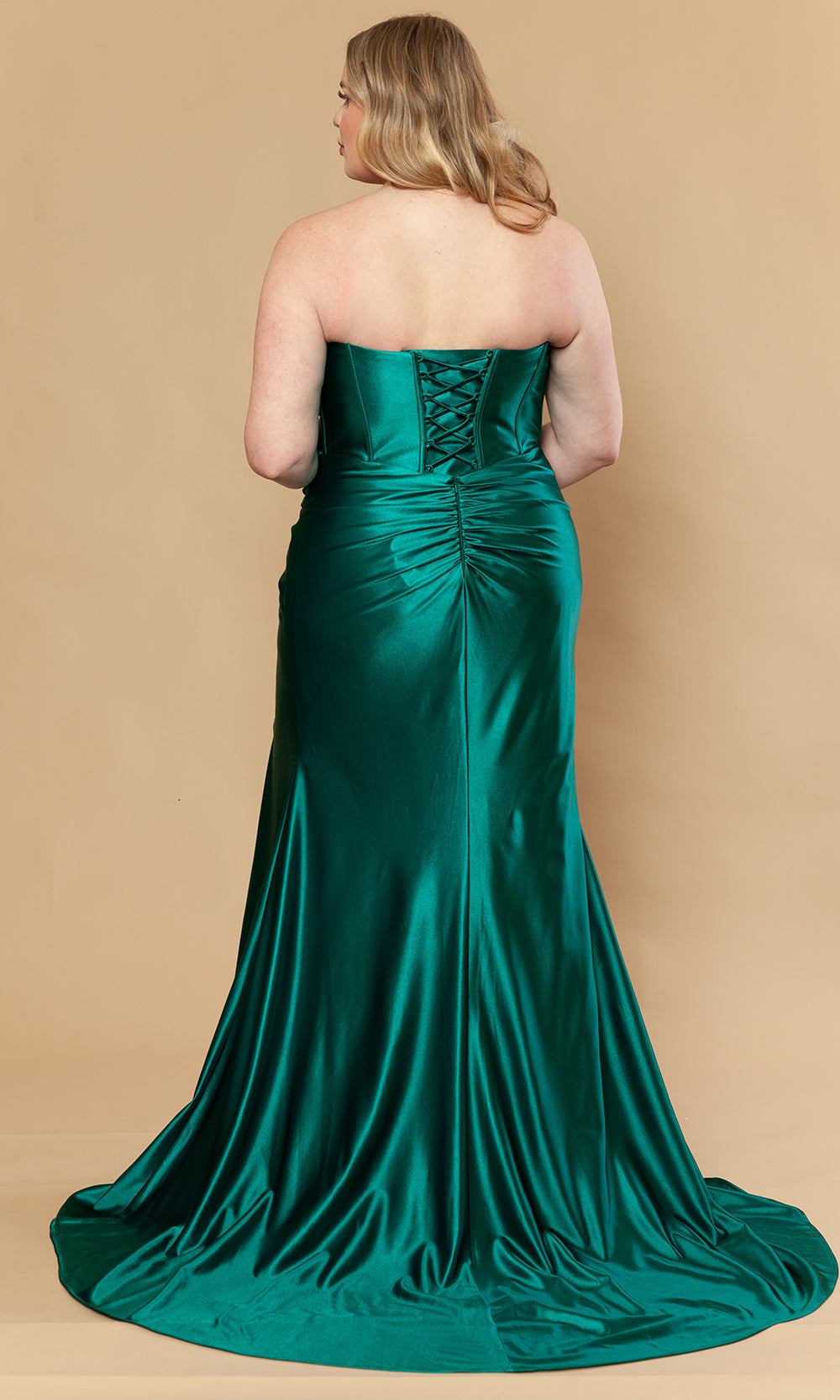 Emerald Straight-Across Floor-Length Poly Span Satin Evening Gown with Corset Bodice Poly USA W1240