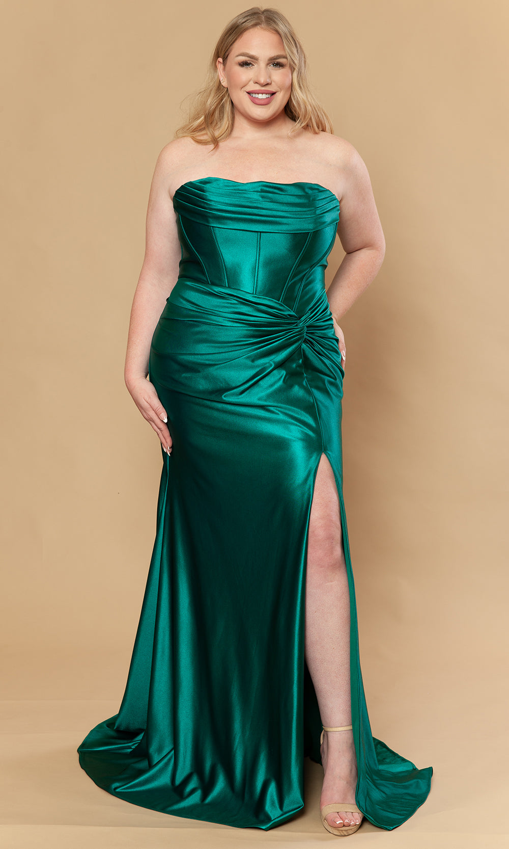 Emerald Straight-Across Floor-Length Poly Span Satin Evening Gown with Corset Bodice Poly USA W1240