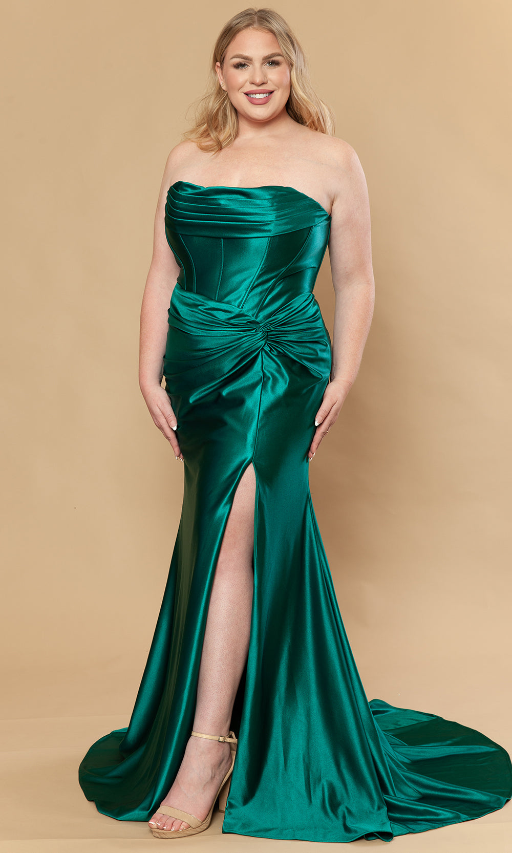 Emerald Straight-Across Floor-Length Poly Span Satin Evening Gown with Corset Bodice Poly USA W1240