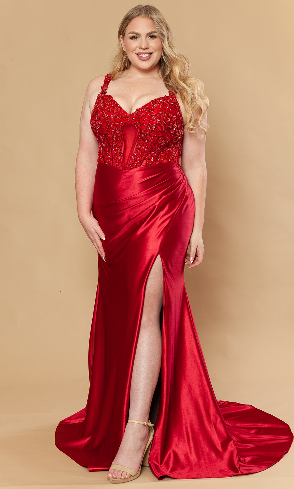 Red Wine V-Neck Floor-Length Poly Span Satin Prom Gown with Beaded Lace Poly USA W1246