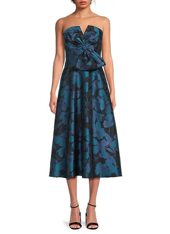 Blue Multi Aidan Mattox MD1E209071 Sweetheart Midi Jacquard Cocktail Front Bow