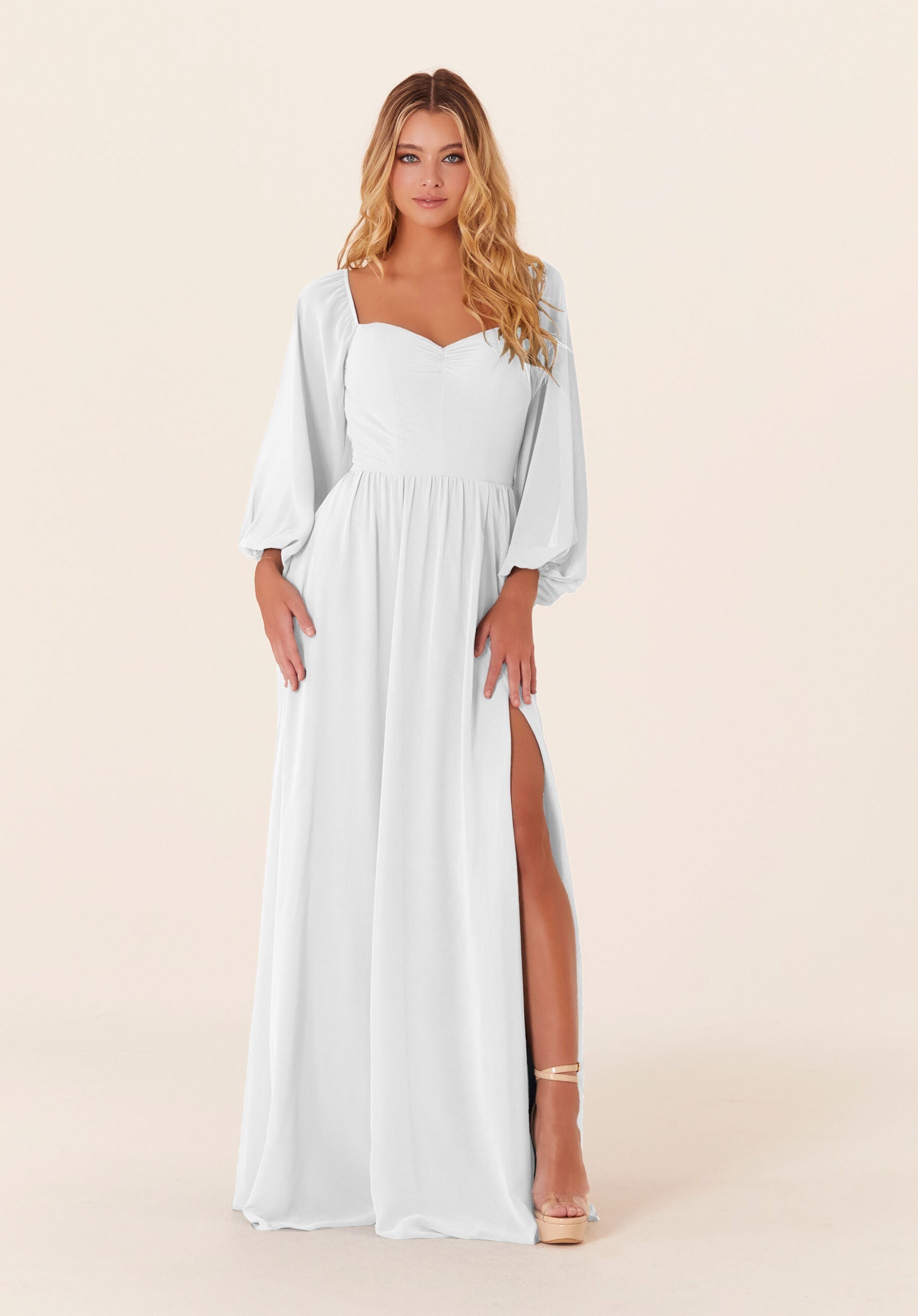 Wedding Dresses A Line Long Sleeve Bridal Wedding Dress White-Chiffon-21830-Pleated