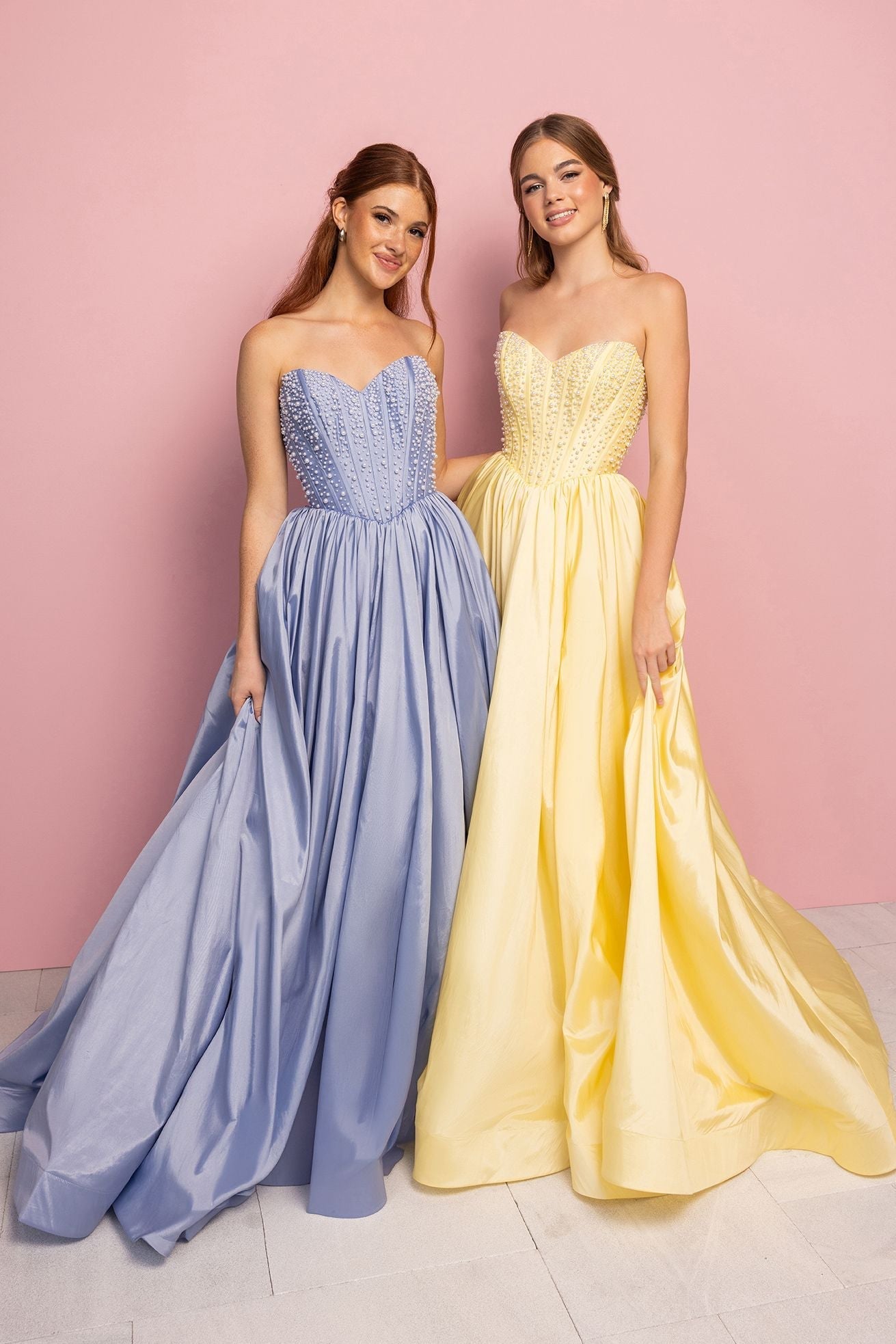Yellow Sweetheart Floor-Length Satin Prom Dress Beaded Corset Bodice Portia & Scarlett XO178