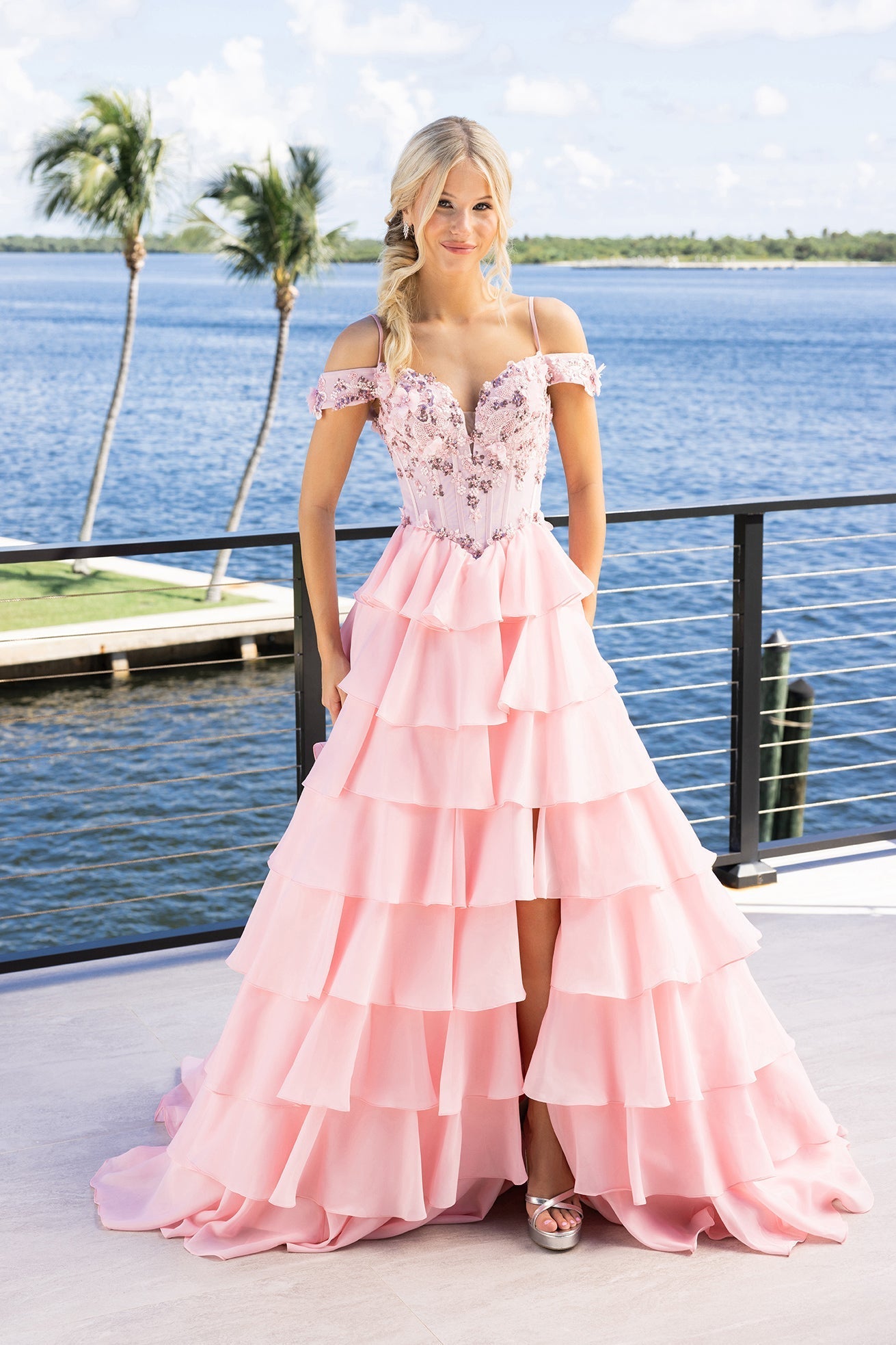 Pink V-Neck Cold-Shoulder Tiered Ruffle Ballgown 3D Floral Bodice Portia & Scarlett XO171