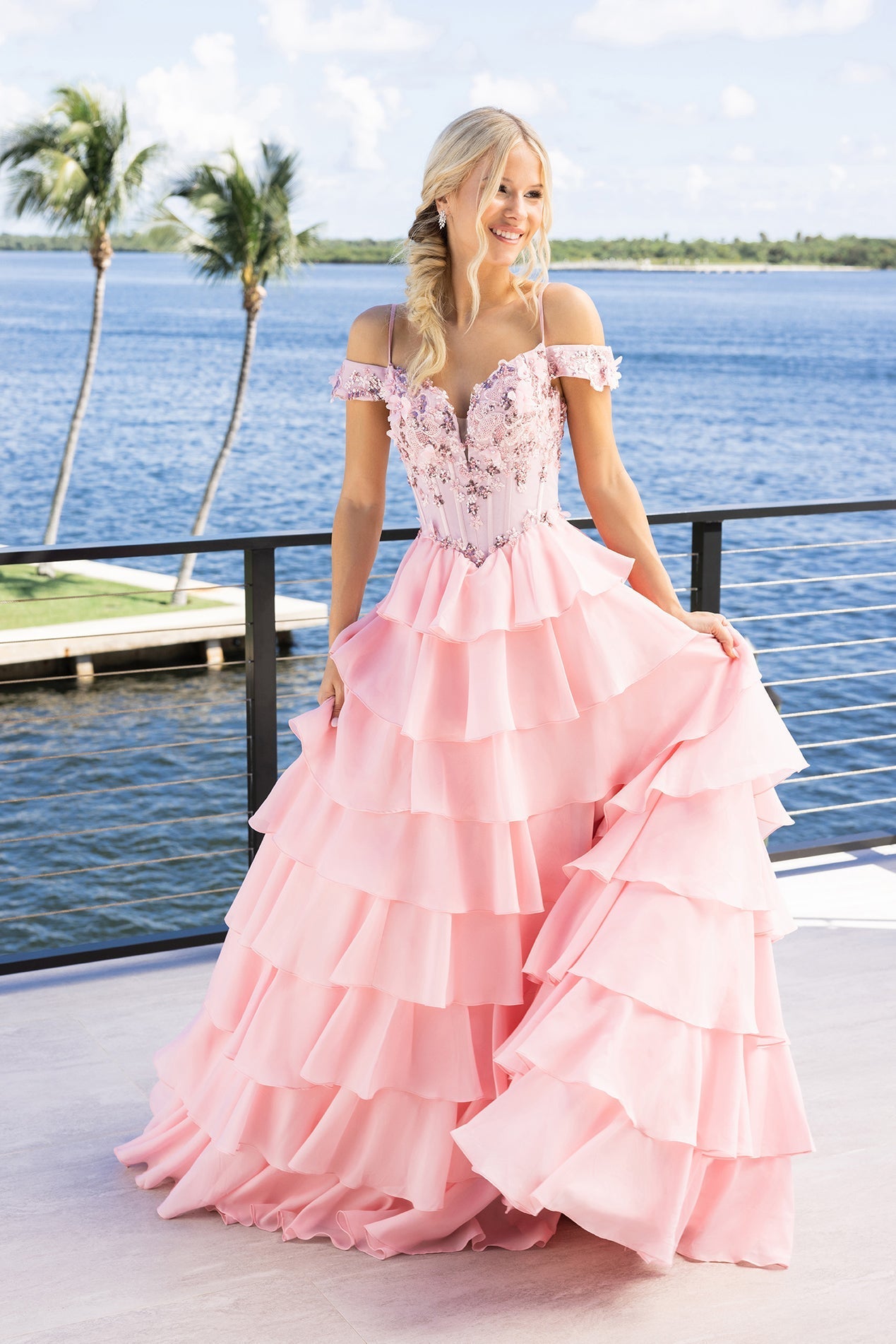 Pink V-Neck Cold-Shoulder Tiered Ruffle Ballgown 3D Floral Bodice Portia & Scarlett XO171