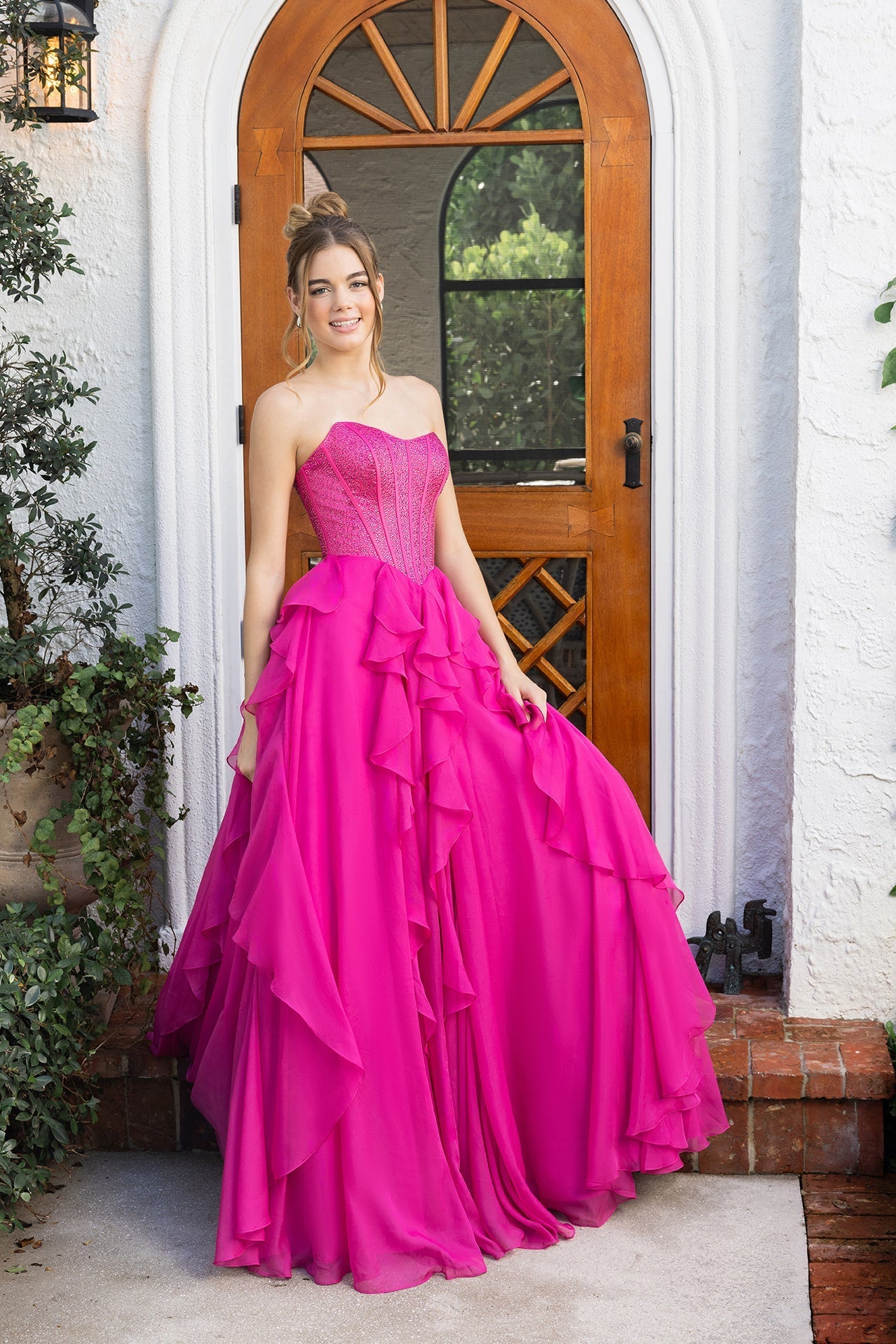 Fuchsia Off-the-Shoulder Floor-Length Sequin Prom Gown Feather Trim High Slit Portia & Scarlett XO174