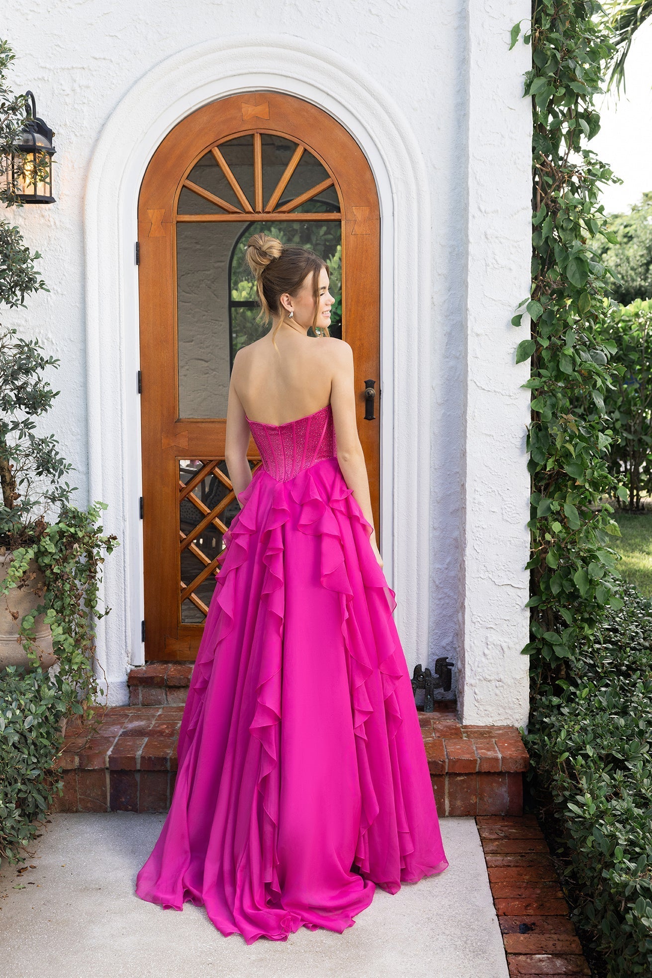 Fuchsia Off-the-Shoulder Floor-Length Sequin Prom Gown Feather Trim High Slit Portia & Scarlett XO174