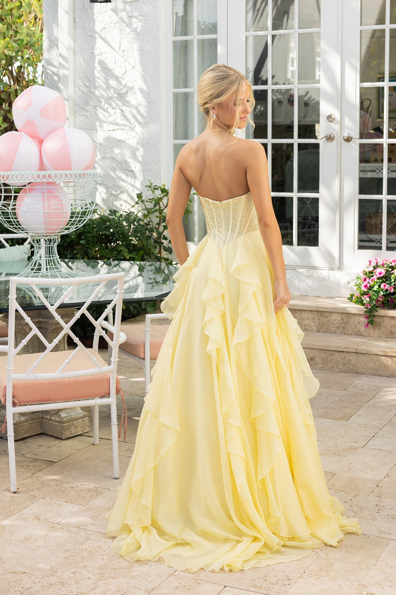 Yellow Off-the-Shoulder Floor-Length Sequin Prom Gown Feather Trim High Slit Portia & Scarlett XO174