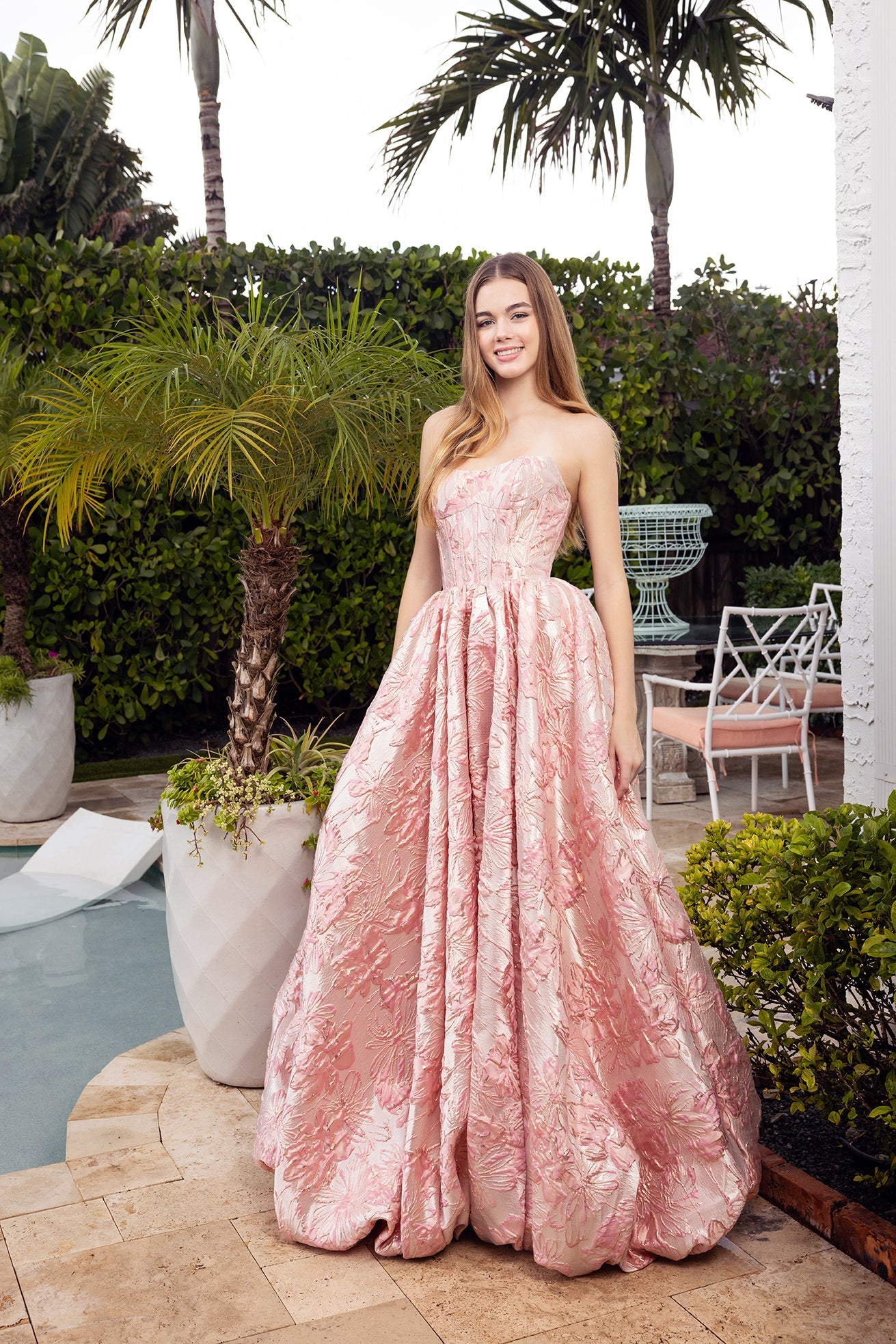 Pink Strapless Floor-Length Floral Jacquard Prom Dress Corset Back Portia & Scarlett XO180