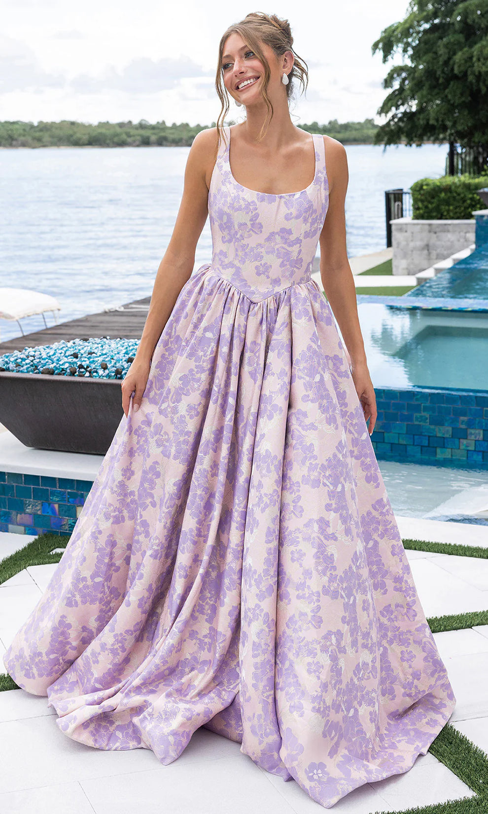 Lilac/Pink Scoop Neck Floor-Length Floral Jacquard Prom Dress Open Back Portia & Scarlett XO185