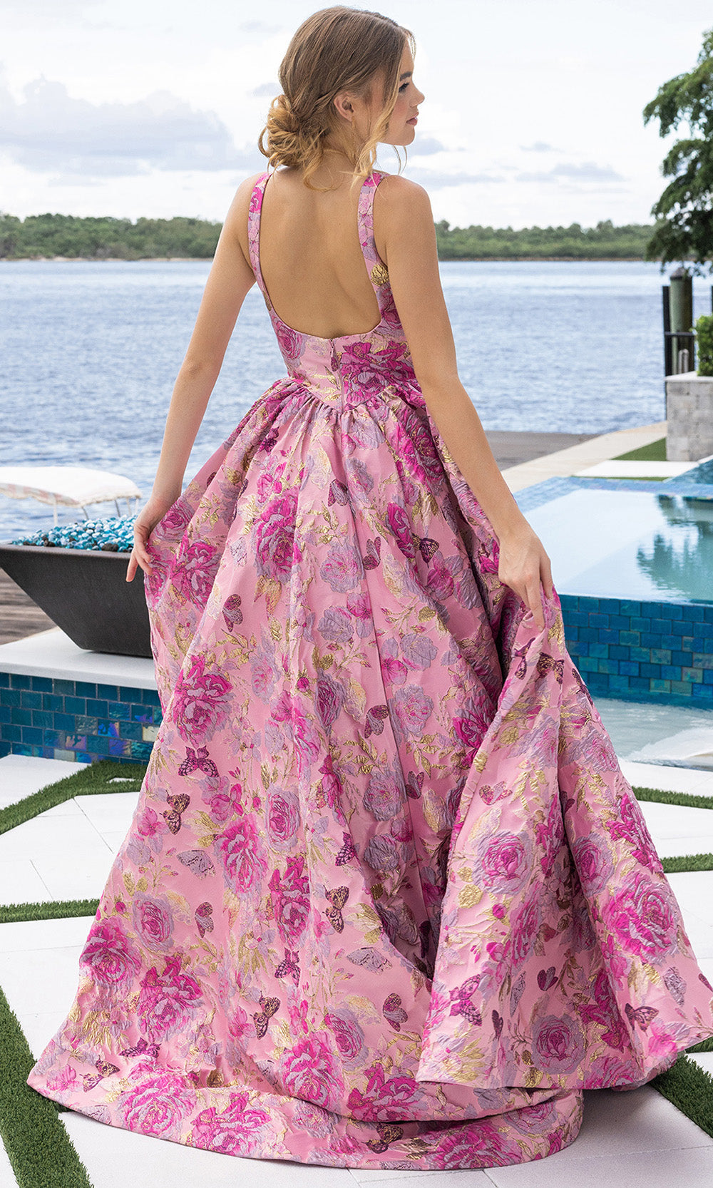 Fuchsia/Gold Square Neck Floor-Length Brocade Prom Ball Gown Floral Print Portia & Scarlett XO188