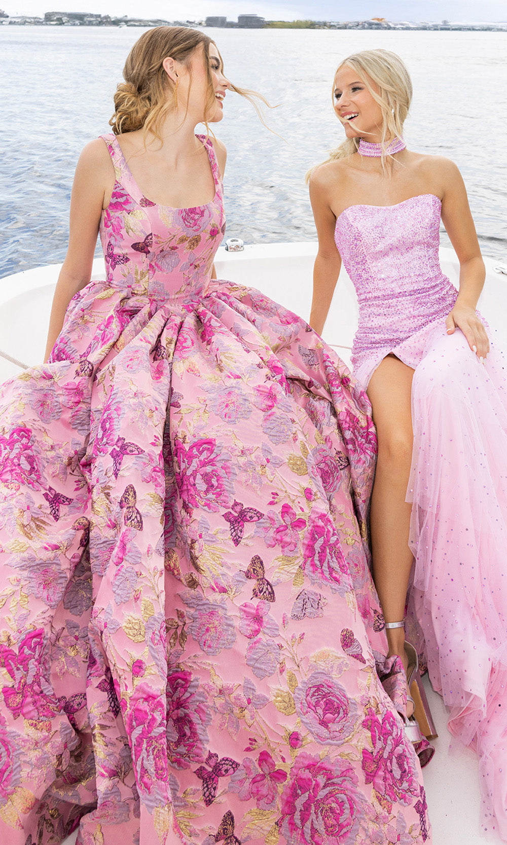 Fuchsia/Gold Square Neck Floor-Length Brocade Prom Ball Gown Floral Print Portia & Scarlett XO188