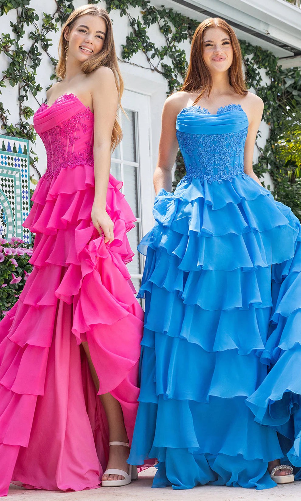 Teal Strapless Floor-Length Chiffon Prom Tiered Gown Slit Portia & Scarlett XO189