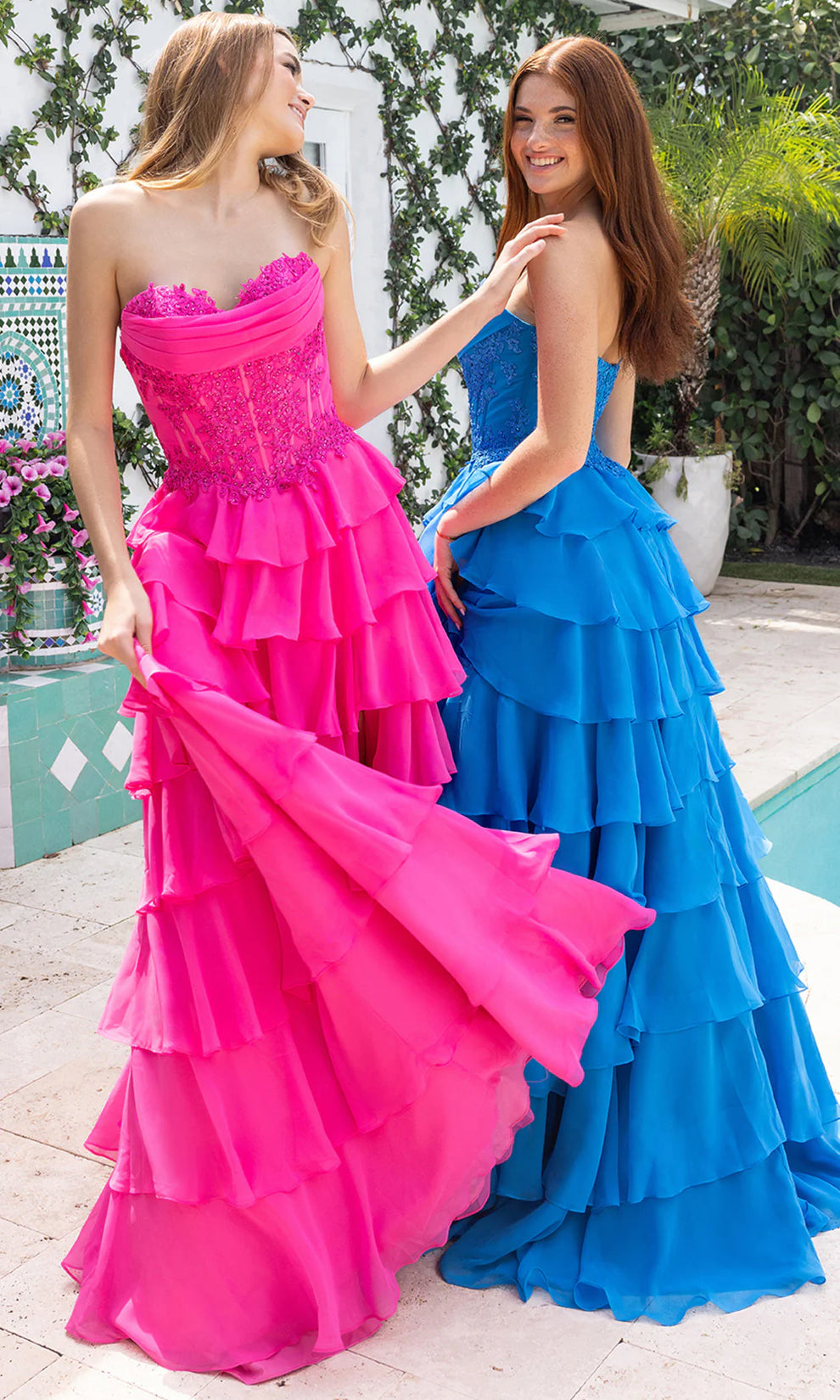 Teal Strapless Floor-Length Chiffon Prom Tiered Gown Slit Portia & Scarlett XO189