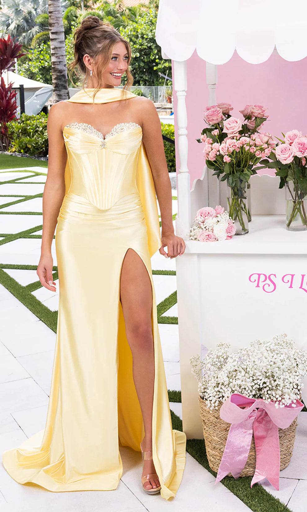 Yellow Sweetheart Floor-Length Satin Prom Two-Piece Gown Slit Portia & Scarlett XO190