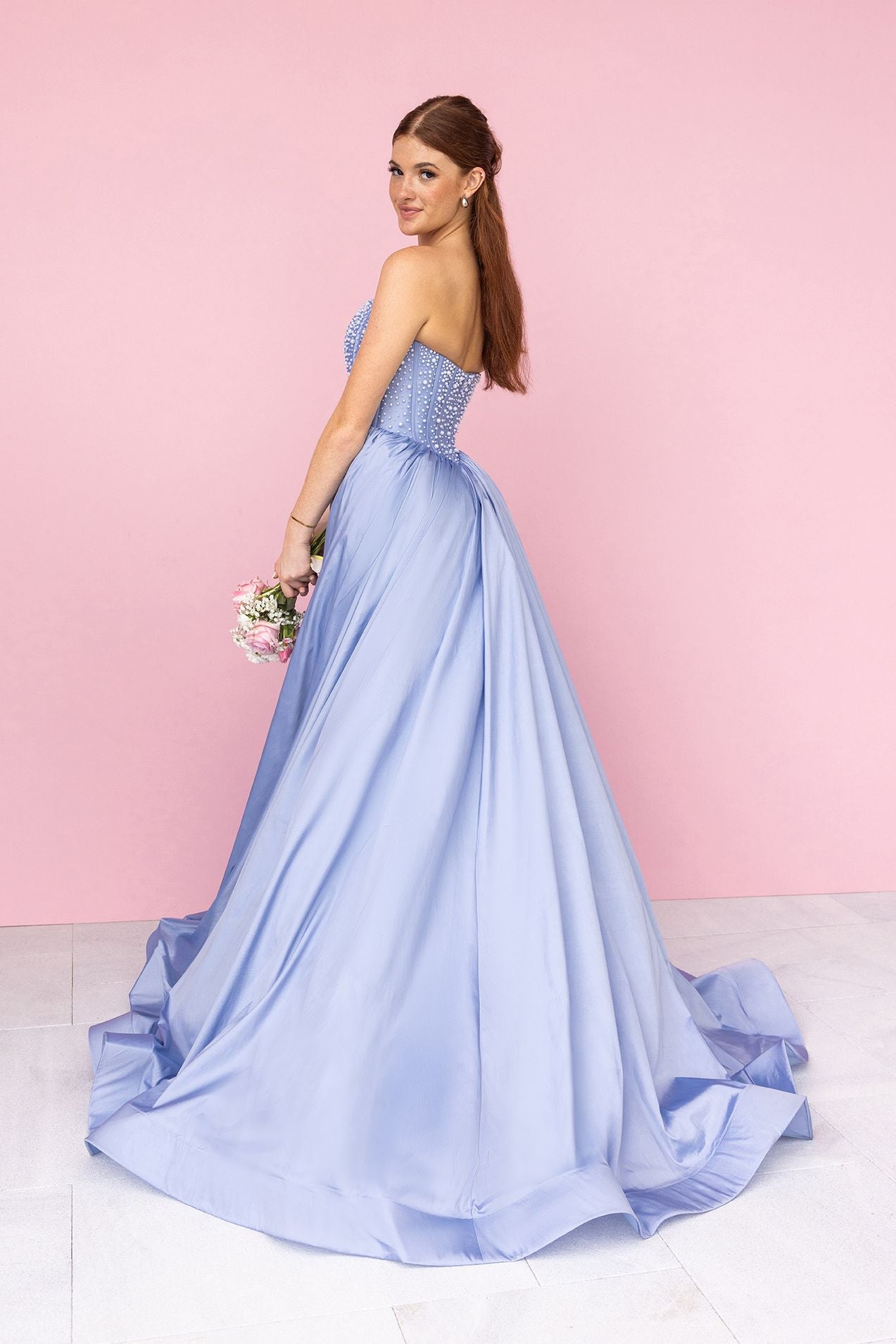 Periwinkle Sweetheart Floor-Length Satin Prom Dress Beaded Corset Bodice Portia & Scarlett XO178