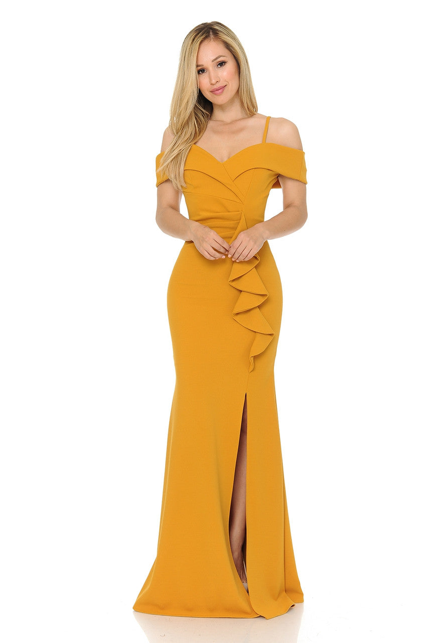 Prom Dresses Long Formal Ruffle Slit Prom Dress Lenovia 5206 Mustard