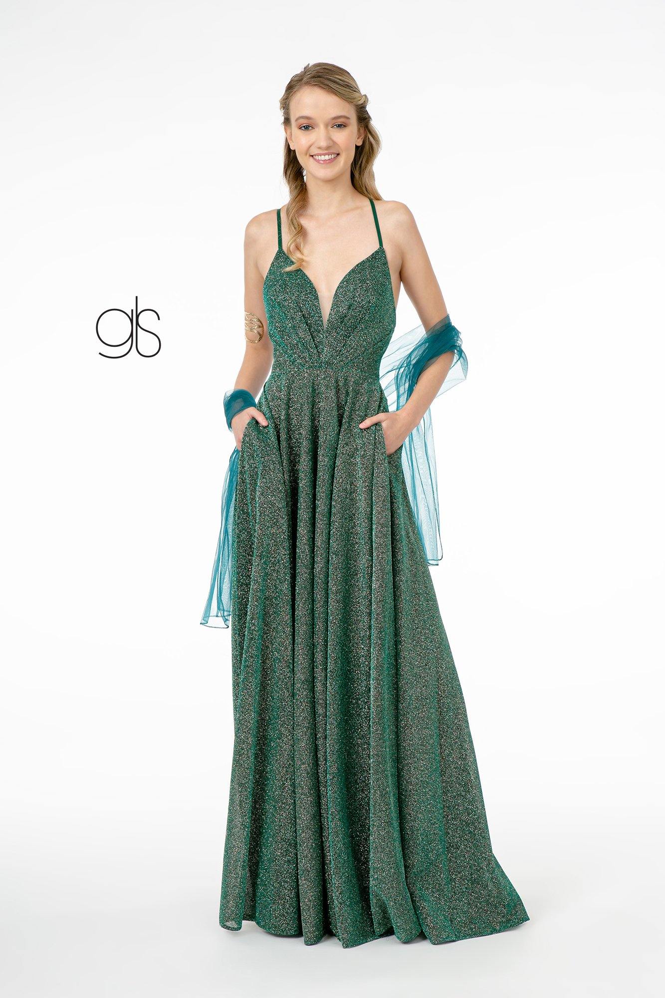 A-Line Glitter Lame Long Prom Dress - The Dress Outlet Elizabeth K