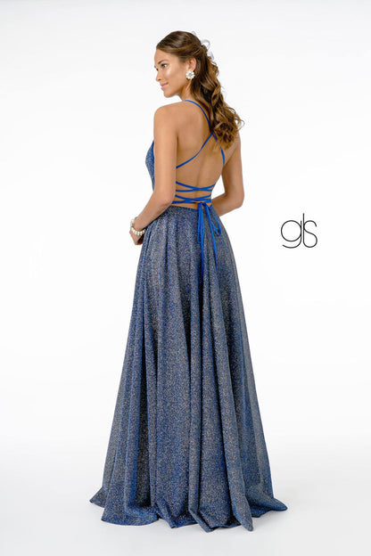 A-Line Glitter Lame Long Prom Dress - The Dress Outlet Elizabeth K