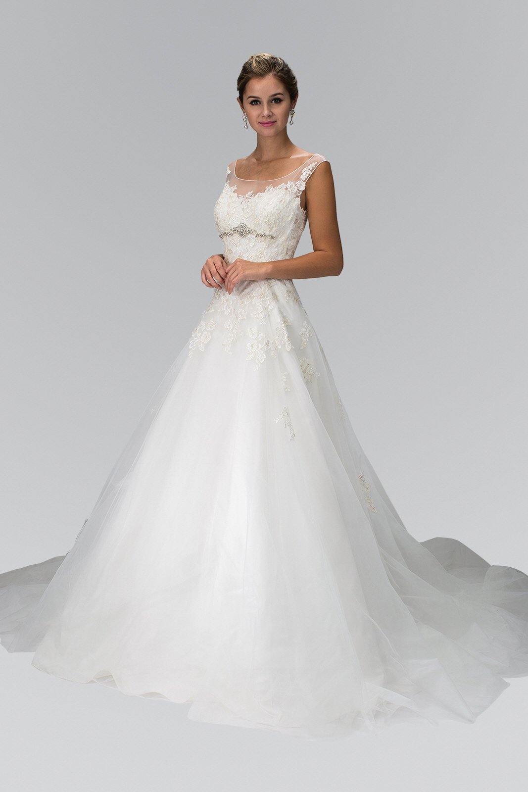 A-Line Wedding Long Dress with Sheer Yoke Neckline - The Dress Outlet Elizabeth K