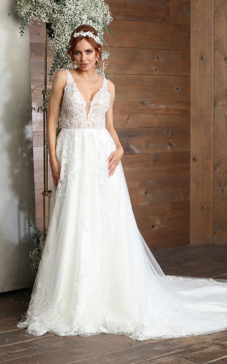 V-Neck Floor-Length with Train Tulle Bridal Dress A-Line May Queen RQ8098