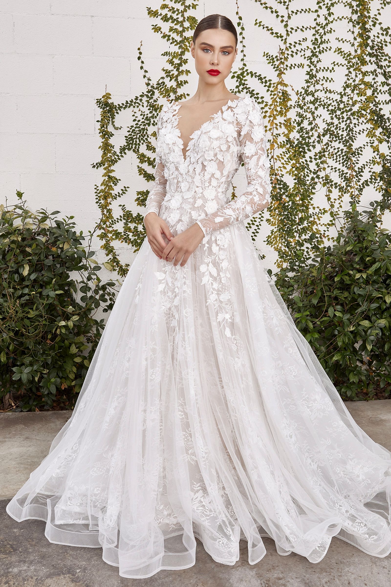 Andrea & Leo A1067W Long Lace 3D Floral Bridal A Line Wedding Dress