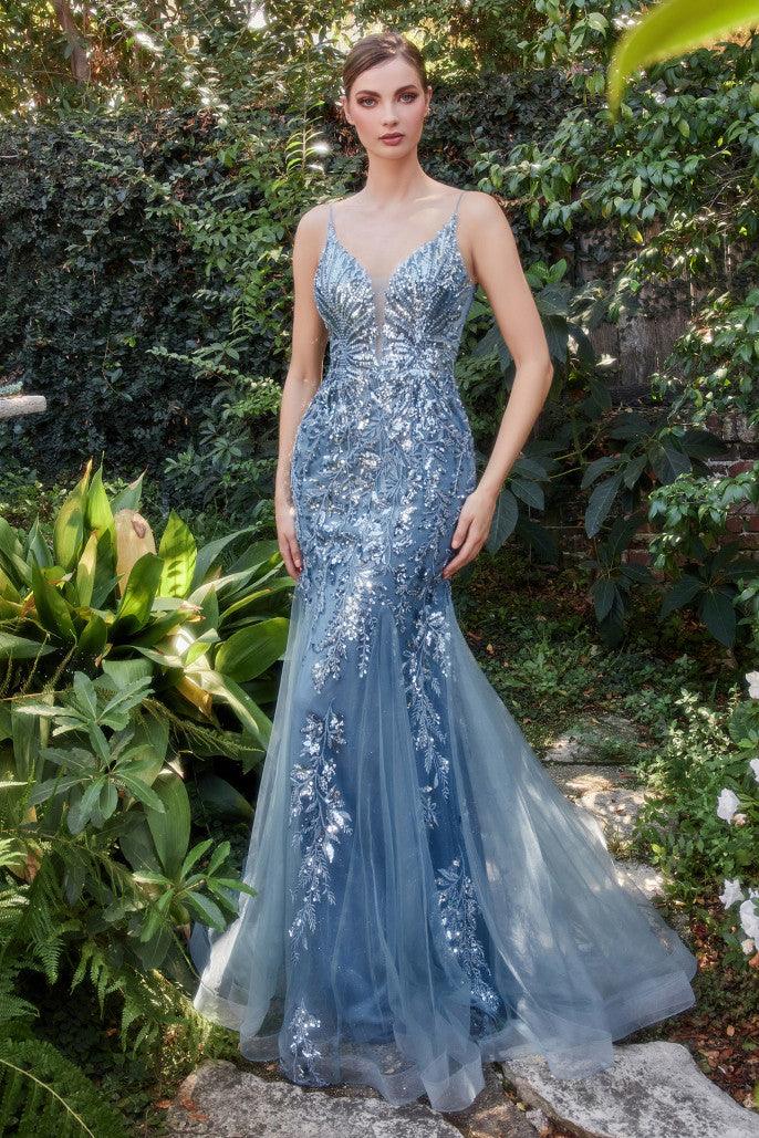 Smoky Blue 6 Andrea & Leo A1118 Beaded Lace Applique Mermaid Prom Gown Sale