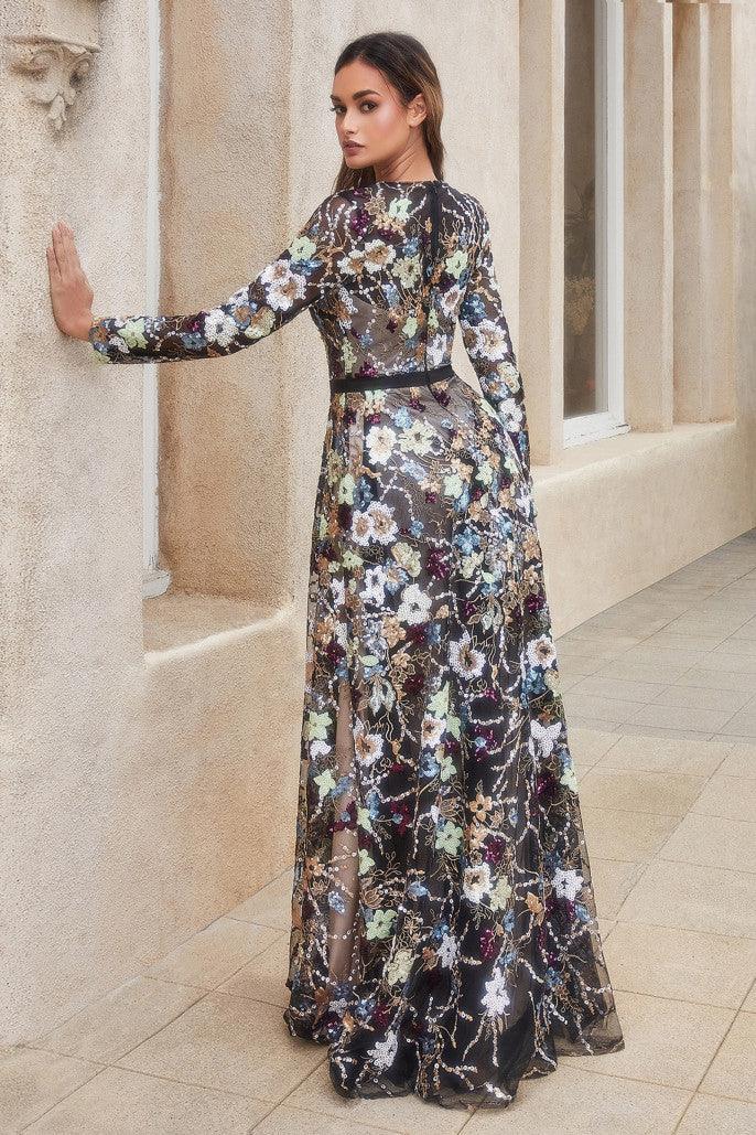 Andrea & Leo A1166 Floral Print Long Sleeve Formal  Dress Sale