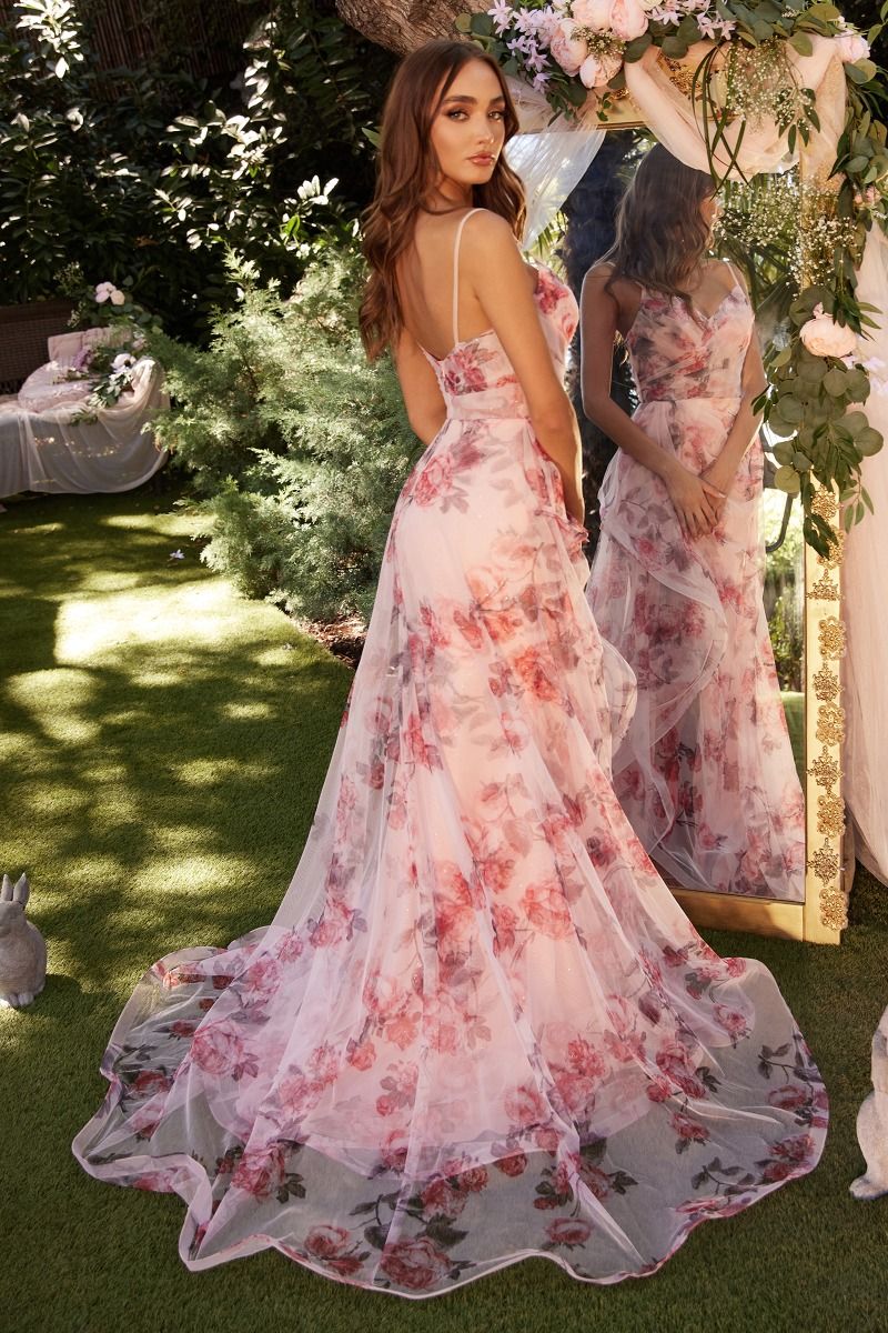 Andrea & Leo A1290 Pleated Floral Print Long Formal Prom Dress