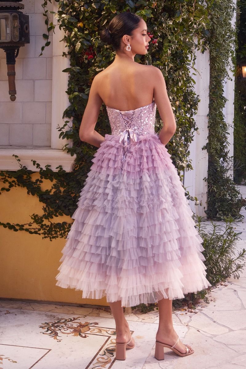 A-line Ruffled Sleeve Lavender Satin Tea Length Girl's Party Dress, Beading Flowers
