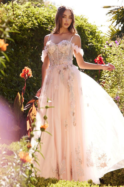 Prom Dresses Long 3D Floral Formal Prom A Line Dress Blush
